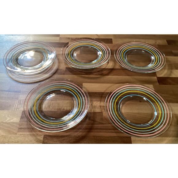 Vintage Anchor Hocking Painted Glass Striped Salad Plates Set Of 5 - Picture 4 of 9